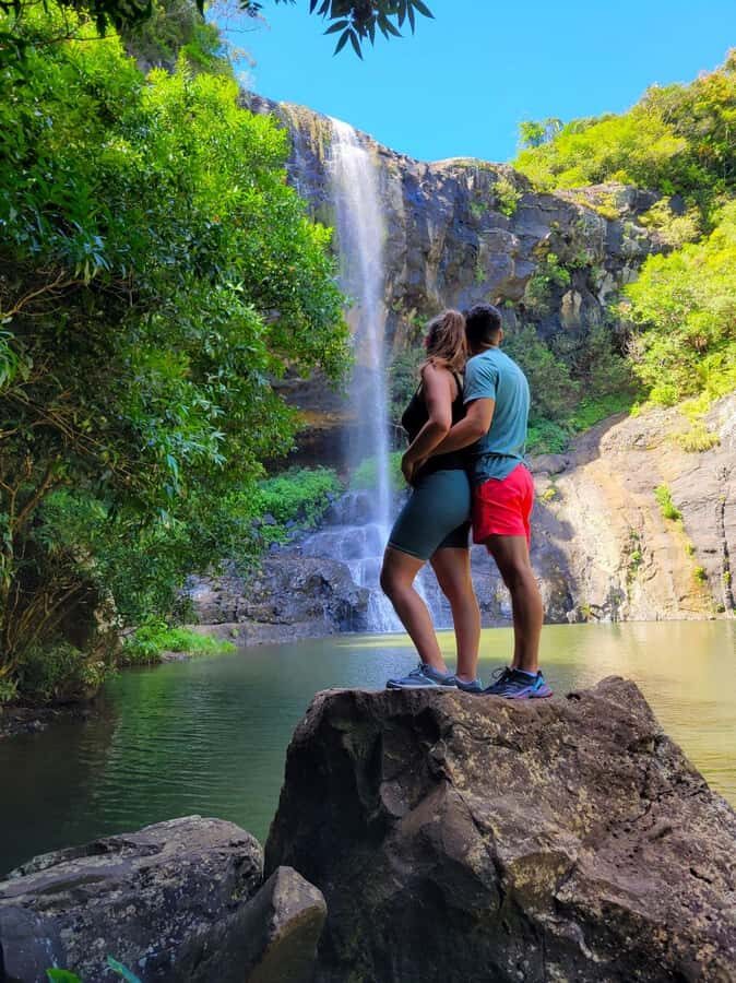 Mauritius-7 waterfalls short loop - Tamarind Falls: the main waterfall stop with photos, walking, swimming, and a safety talk