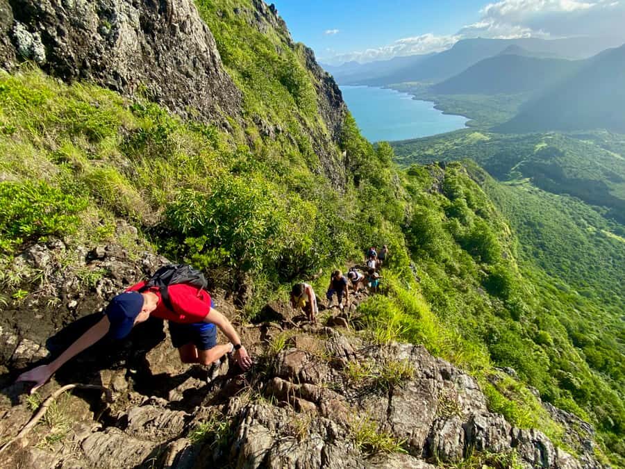 Mauritius: Le Morne Mountain UNESCO Eco Hike - Summit time: the big view from the V-shaped crest